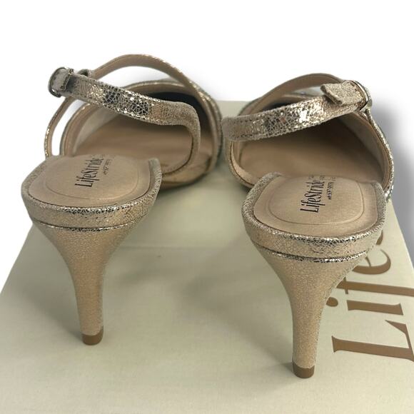 Lifestride Metallic Pointy Toe Heels 9.5 Rhinestone Buckle Arlo 2 Slingback Pump - Picture 8 of 11